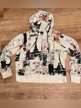 French Postcards Y2K Velour Zip Up Hoodie Paris Eiffel Tower Rhinestone Large